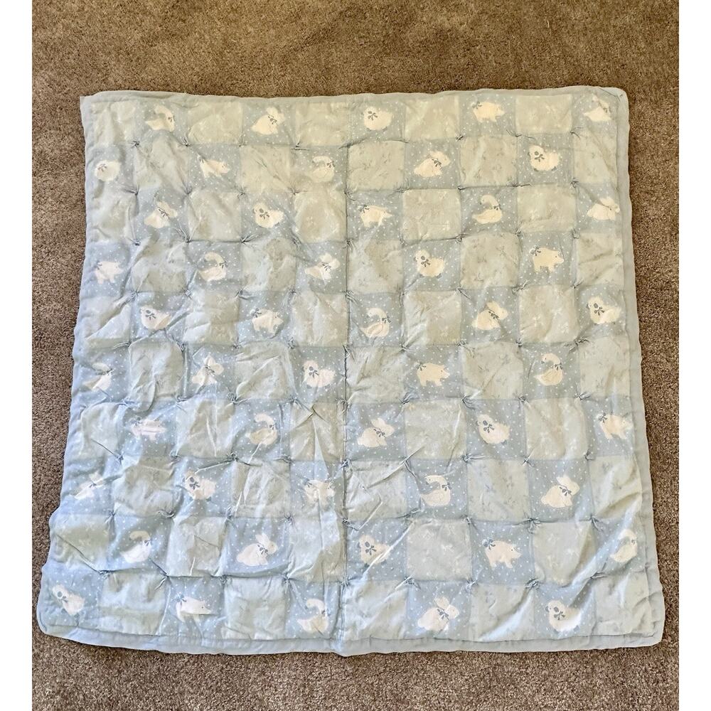 Vintage Baby Quilt Top Blanket Animals 34x41” Blue White Nursery New Mom Gift
